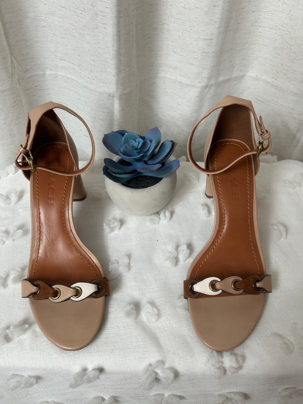 Coach  Nude Leather Ankle-Strap Sandals with Chain Detail